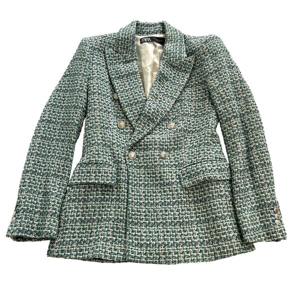 Zara Tweed Textured Double Breasted Blazer in Blue - Picture 1 of 4